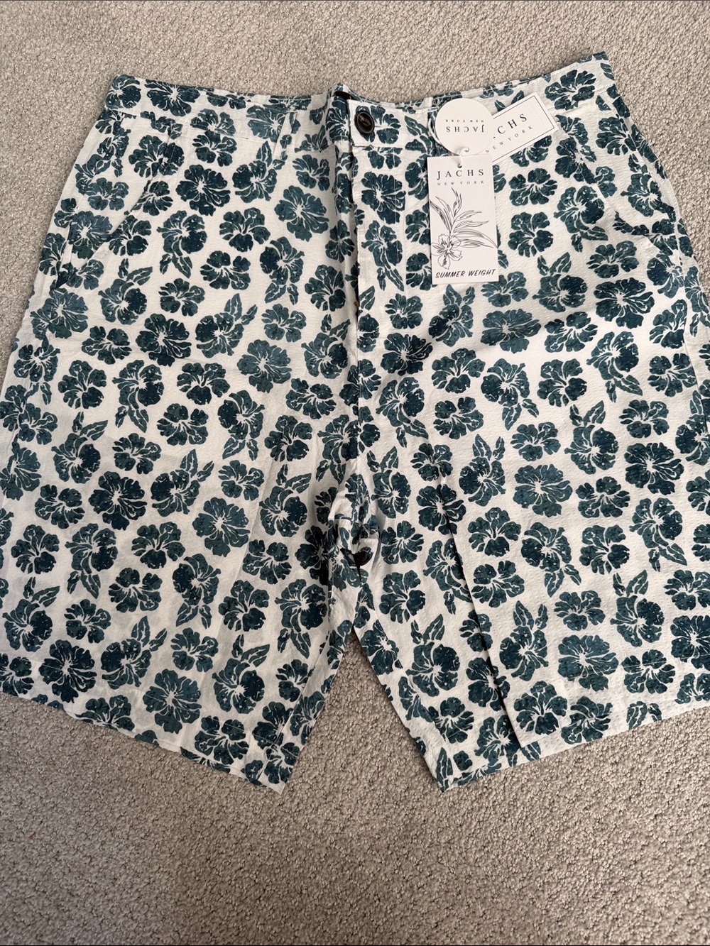 Jachs Men's Teal Floral Flat Front Shorts - Green Print on Cream